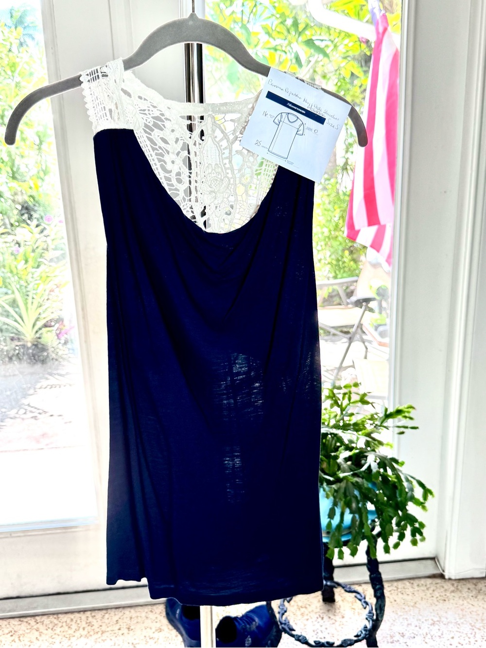 Banana Republic Navy Tank with White Crochet Yoke